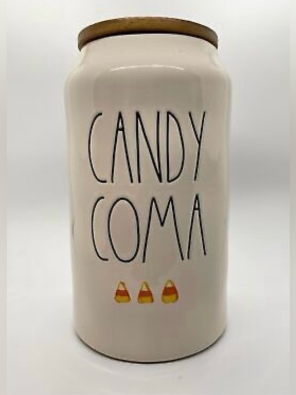 Rae Dunn Candy Coma Ceramic Treat Jar with Wood Lid - White